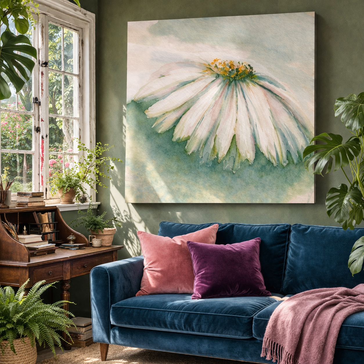 Living room with a blue sofa, floral painting, and plants.