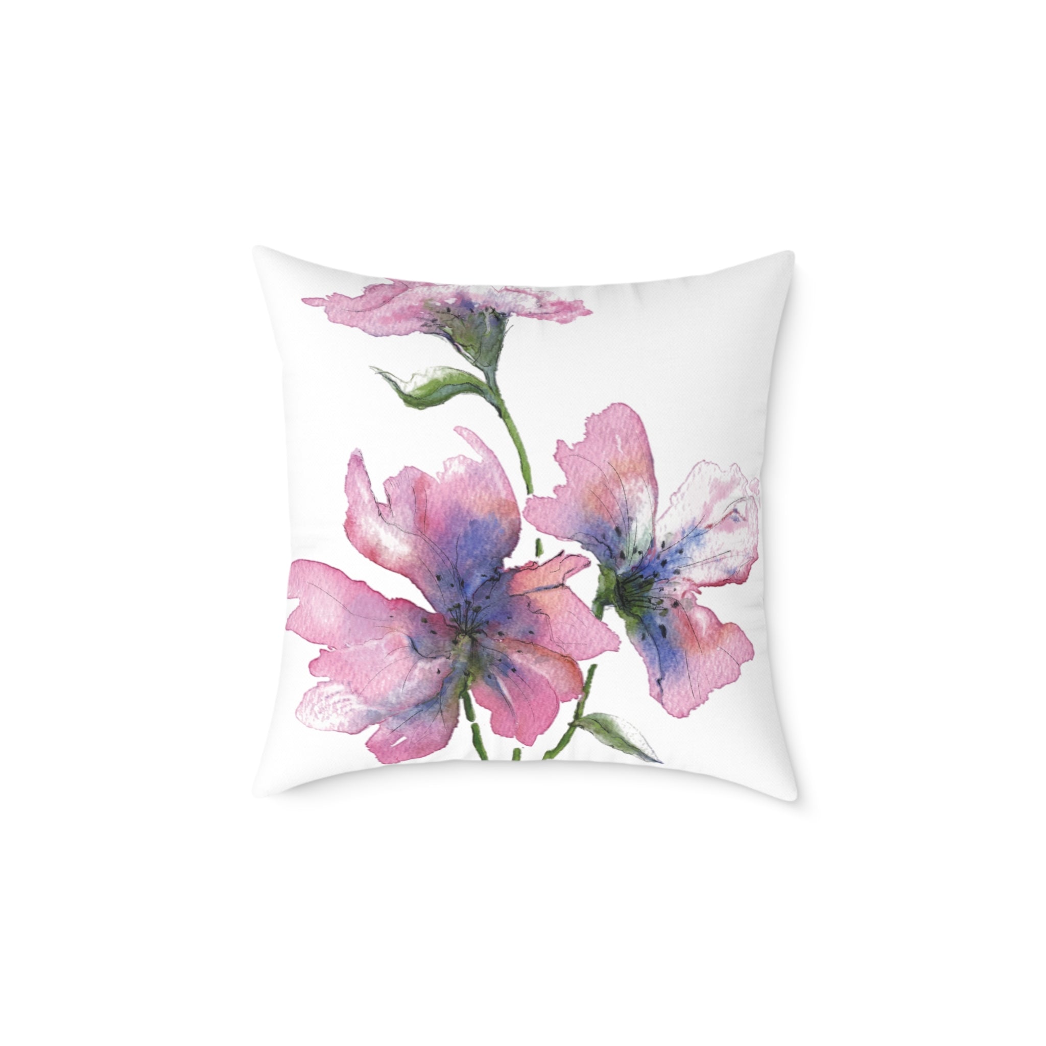 Pink and mauve flower on a white pillow with white background 