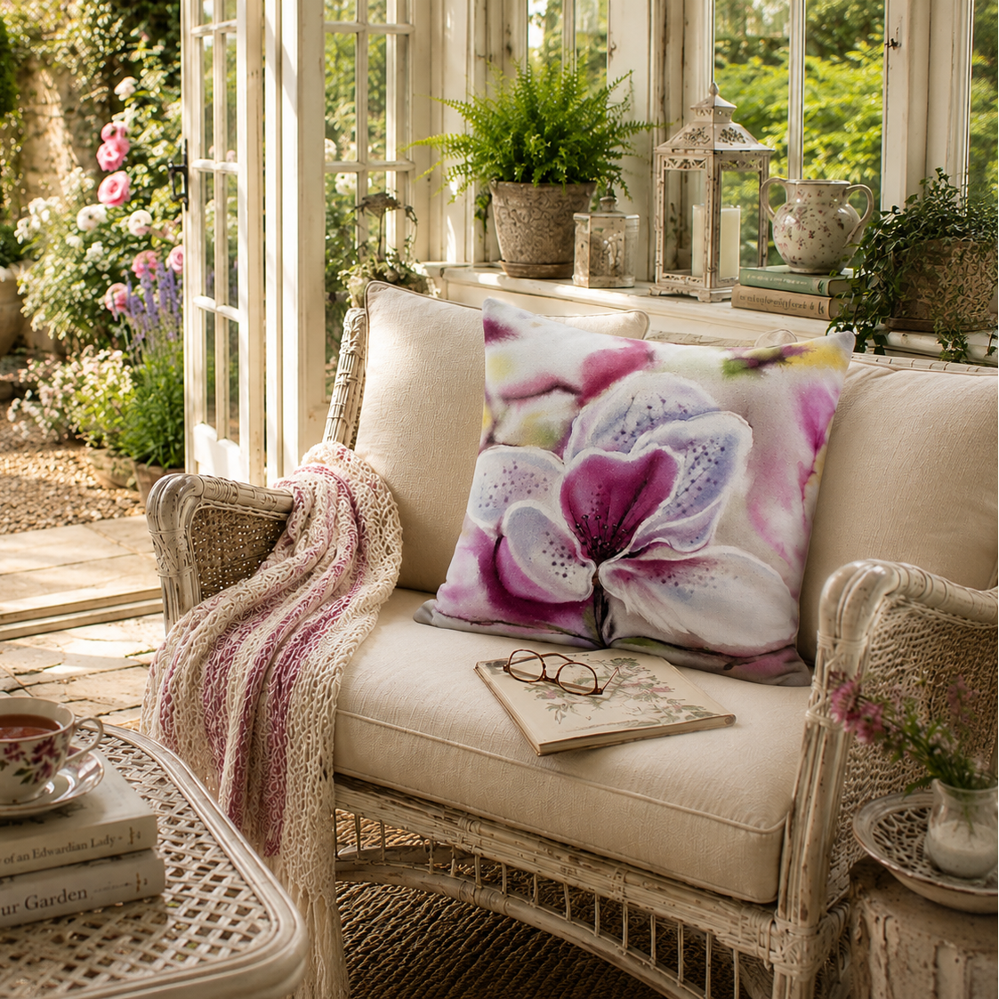 Cozy outdoor seating area with a floral pillow, books, and a teacup.