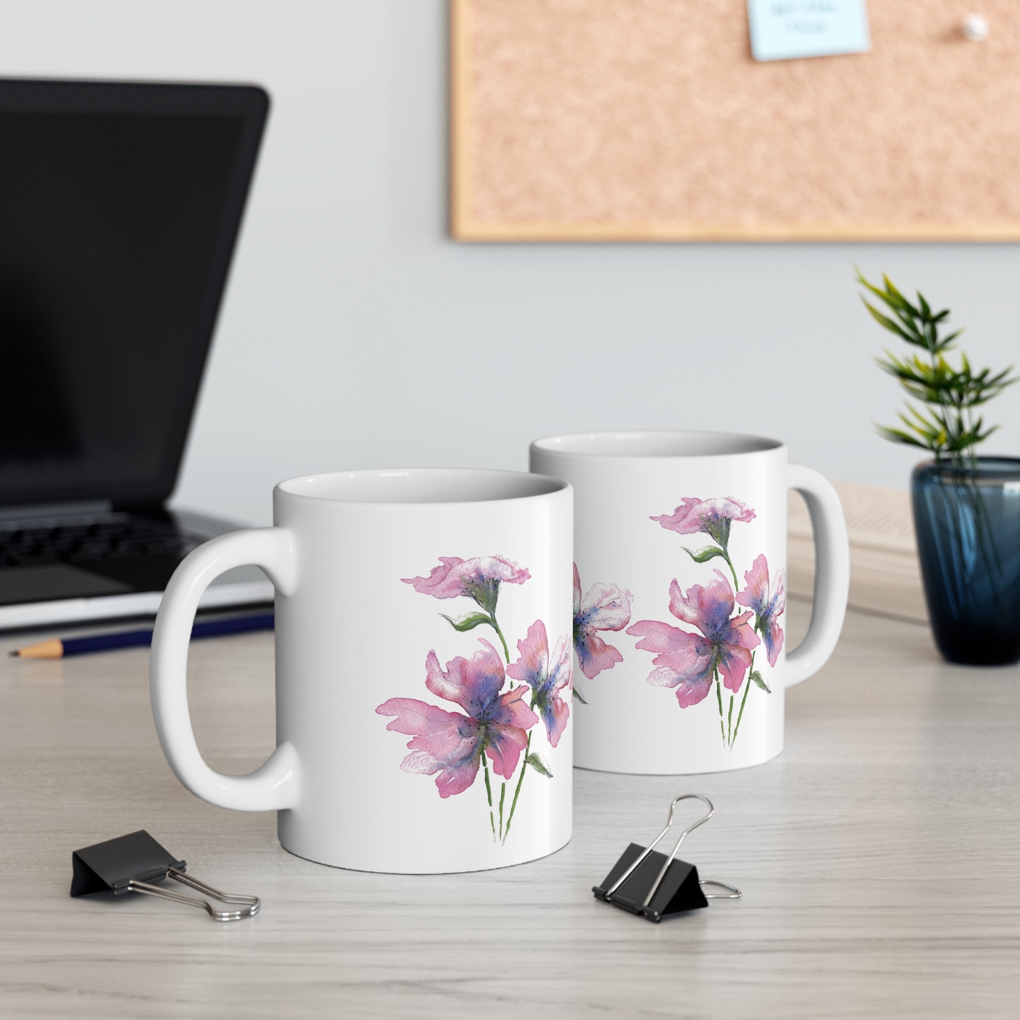 A Gentle Bloom floral mug styled with tea in an office setting
