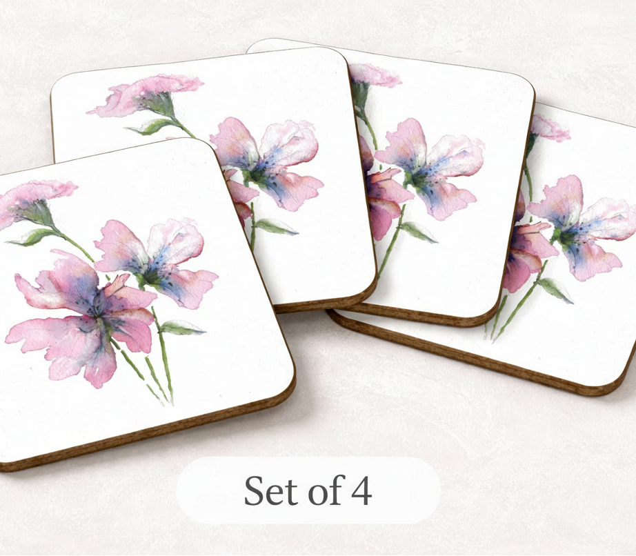 Set of 4 Pink floral coasters on a white background