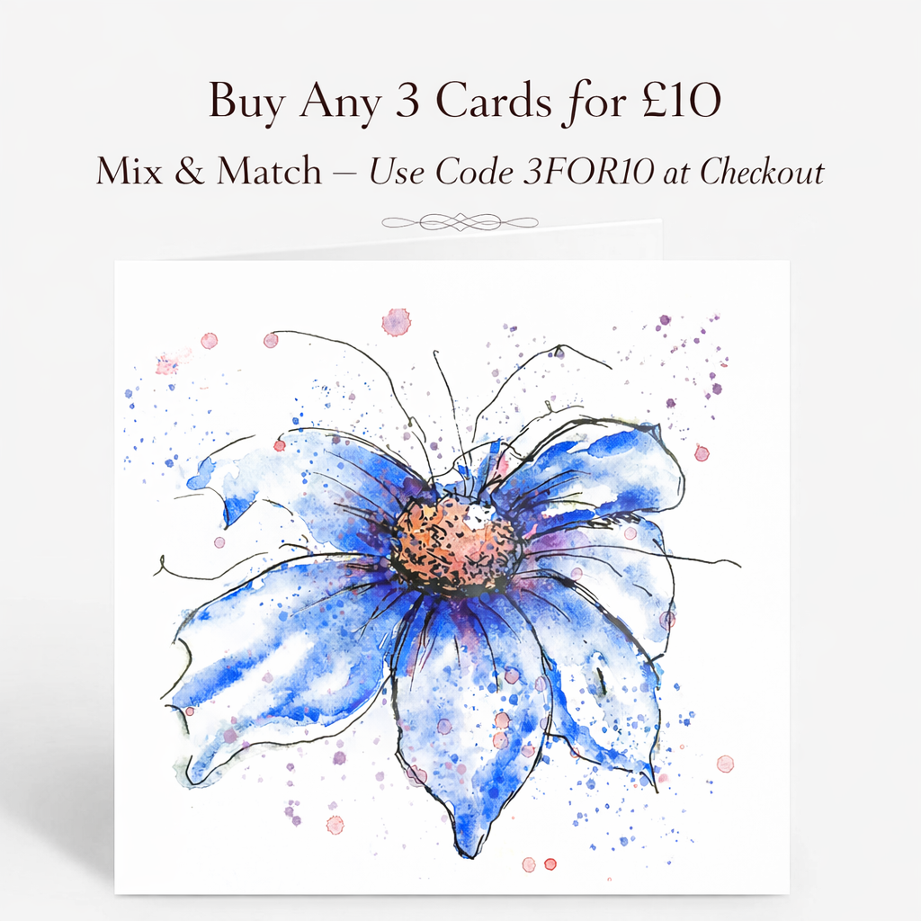 Blue Cosmos Petal Floral Greeting Card | Watercolor Art Card