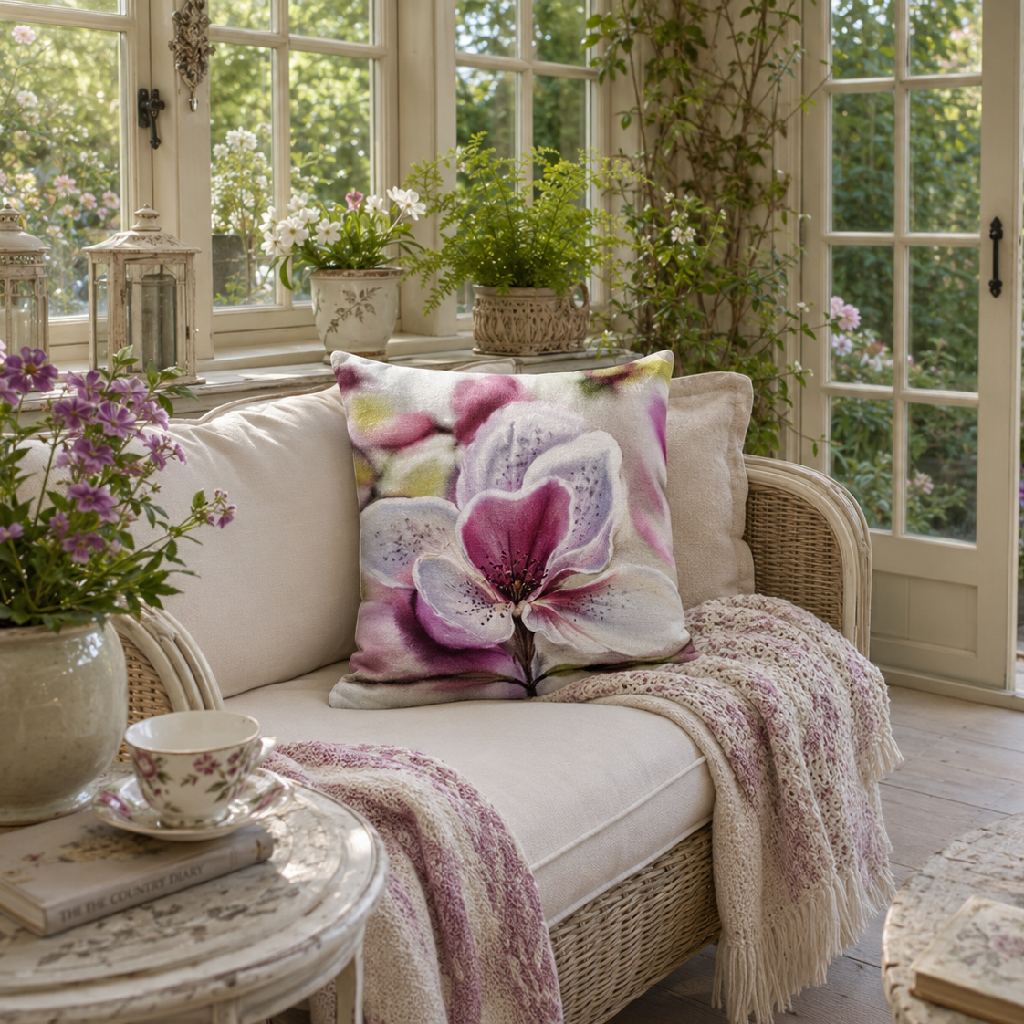 Cozy living room with floral decor and outdoor view