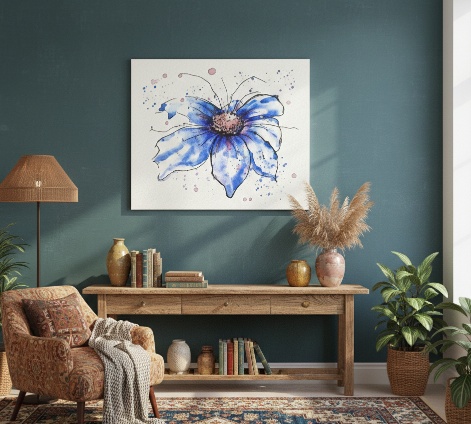 Blue cosmos watercolour canvas print on teal wall above wooden console table with pampas grass and decor