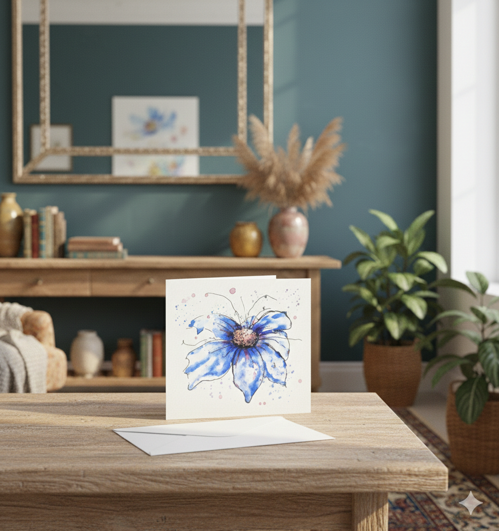 Teal room with blue cosmos flower card: Blue cosmos floral greeting card displayed on wooden table with white envelope and home decor