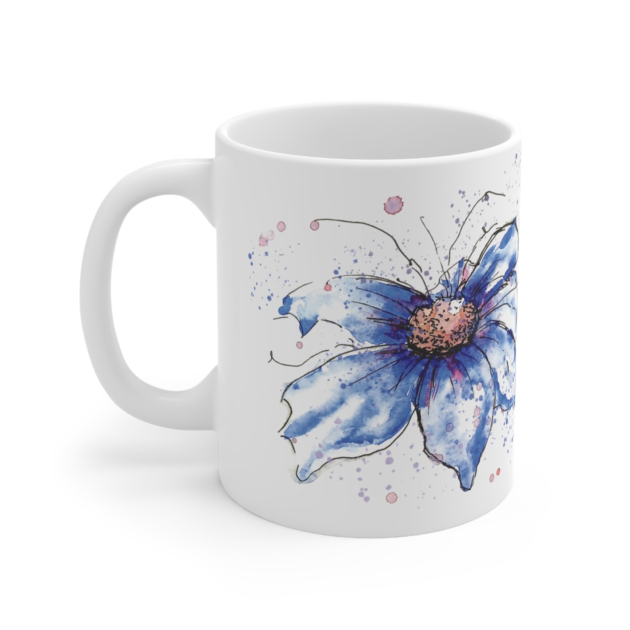  Blue cosmos watercolour ceramic mug 11oz showing full floral design on glossy white finish