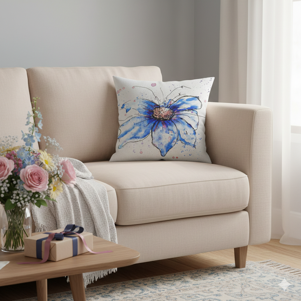 Cream armchair: Blue cosmos watercolour pillow on cream armchair with fresh flowers and gift box