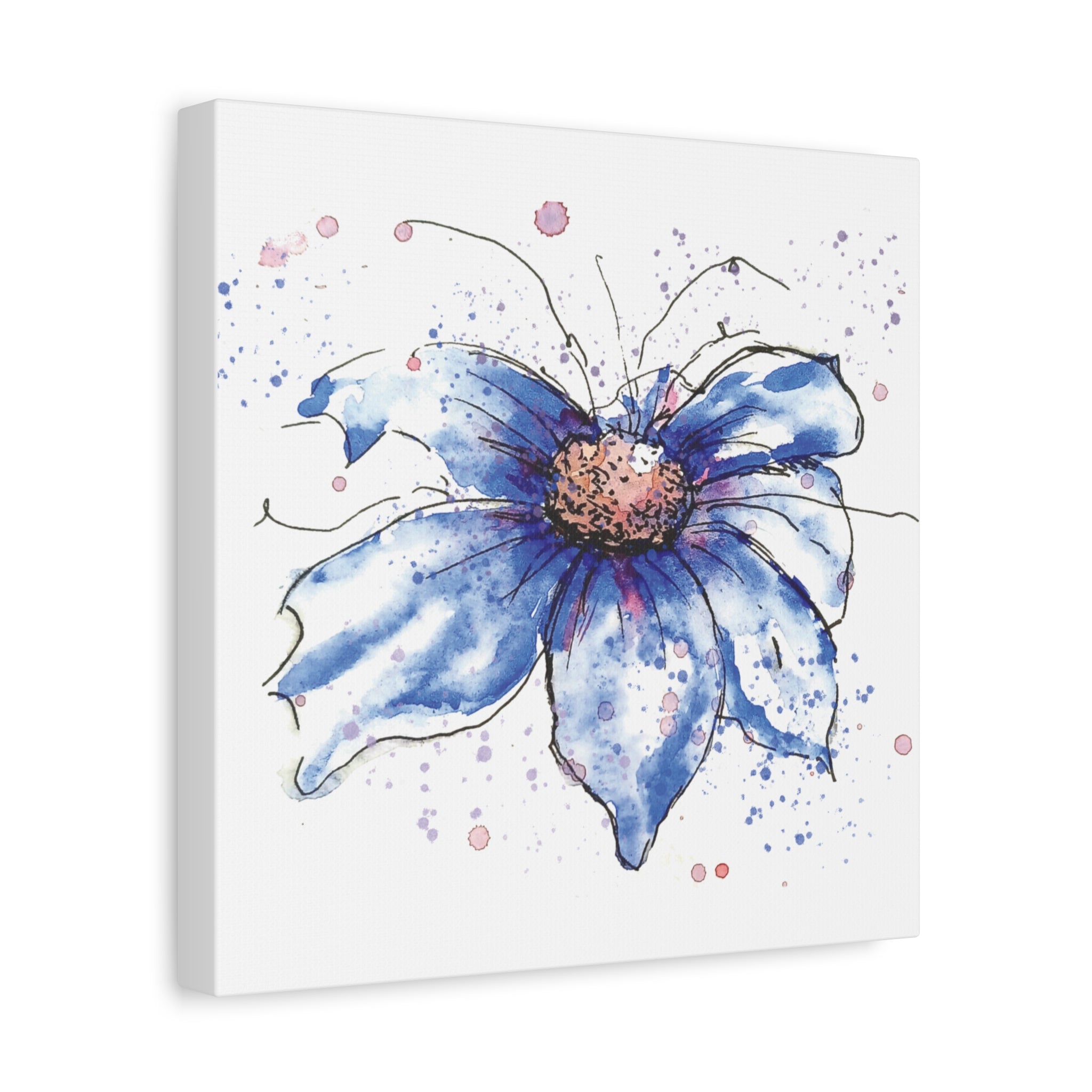 : Blue cosmos watercolour gallery-wrapped canvas print showing artwork detail and 1.25 inch depth edge