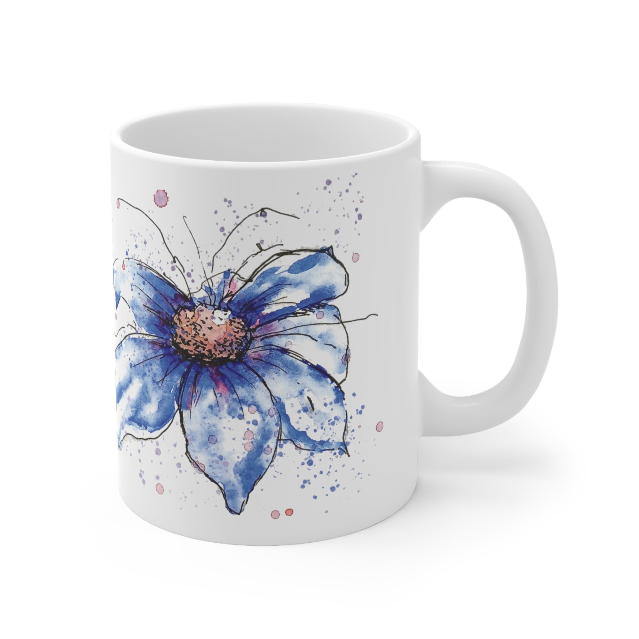  Blue cosmos ceramic mug angled view showing watercolour flower artwork and glossy finish