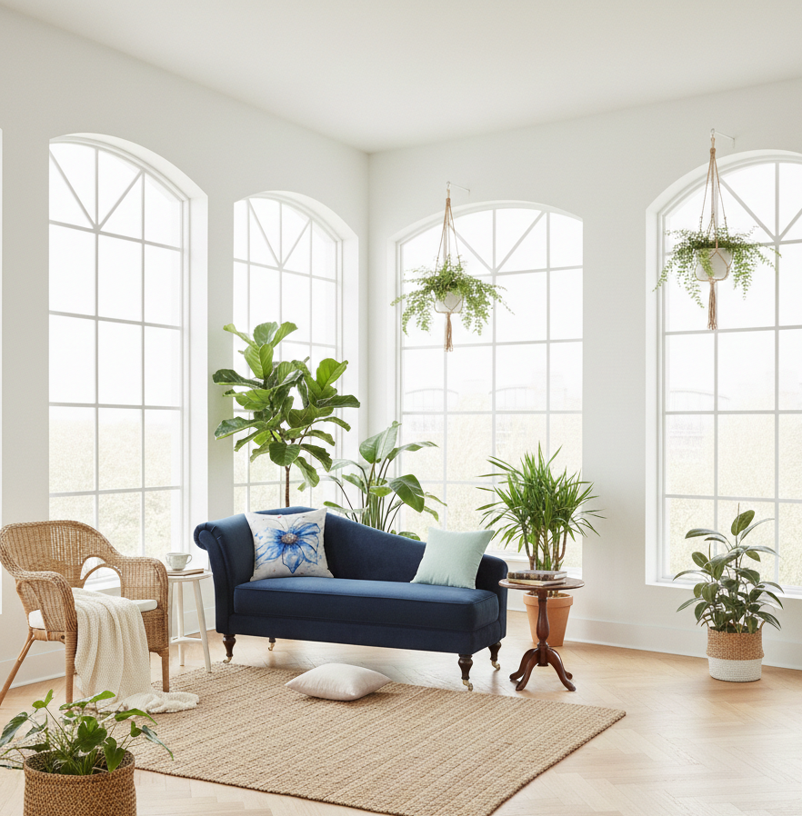 Bright airy room: Blue cosmos throw pillow in bright airy living room with arched windows and plants