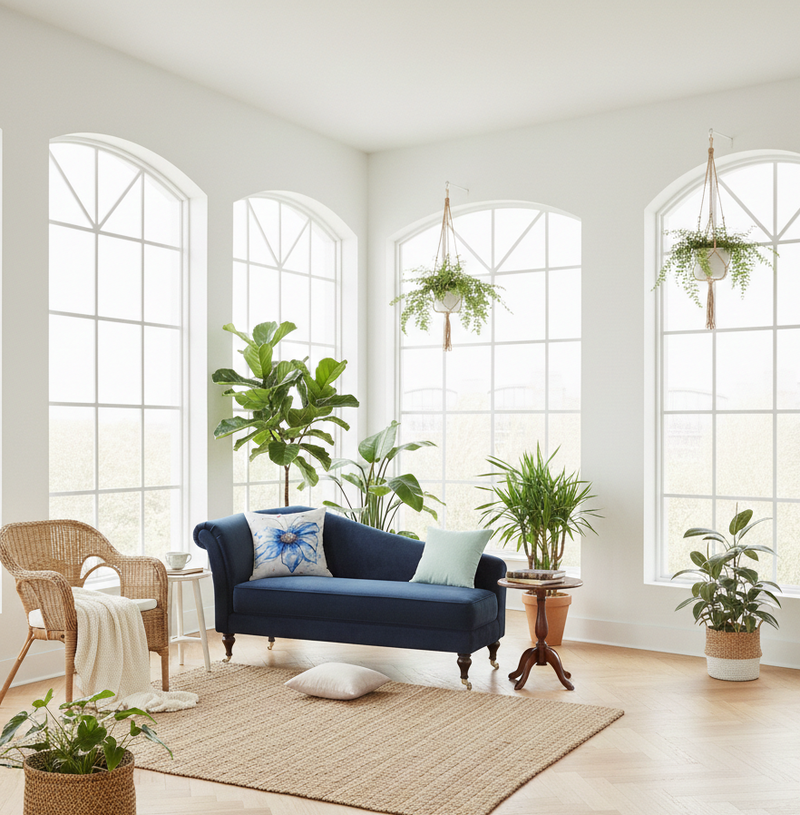 Bright airy room: Blue cosmos throw pillow in bright airy living room with arched windows and plants