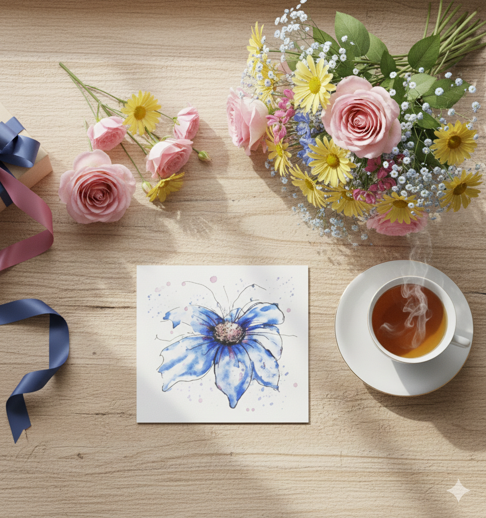 Flatlay with tea and flowers: Blue cosmos floral card flat lay with tea, fresh roses, daisies and blue ribbons