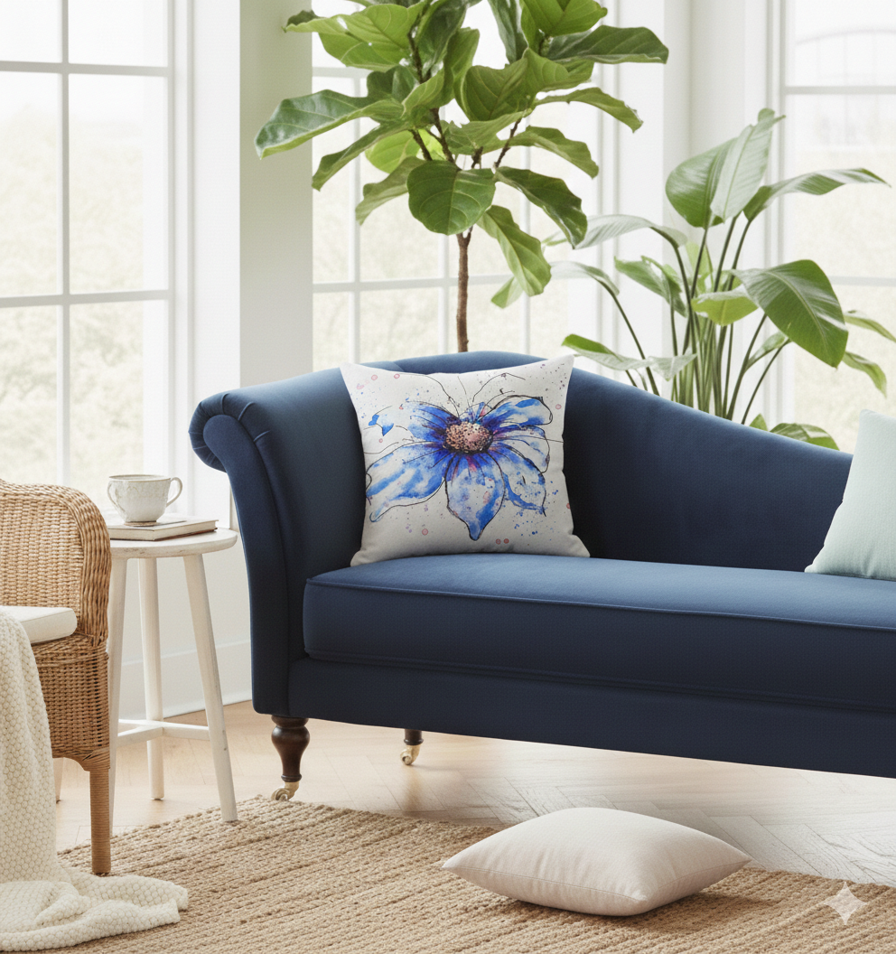 Blue cosmos watercolour cushion close-up on navy blue sofa showing delicate floral detail