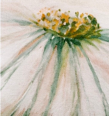 Close-up of a watercolor painting of a flower with green leaves on a textured beige background