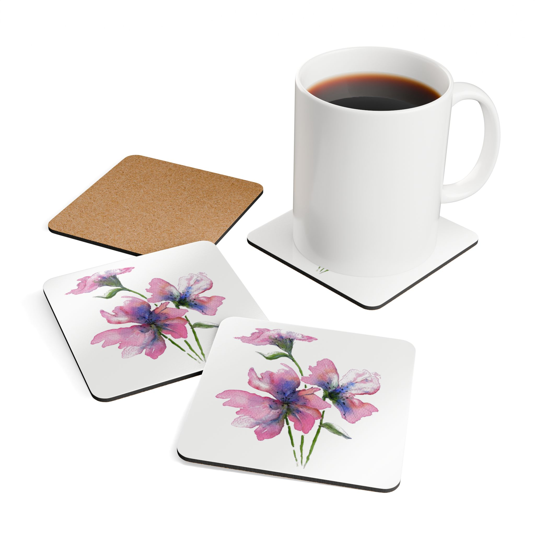 Set of floral coasters with a mug of coffee on a white background