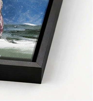 Framed artwork of a pink rabbit with a blue sky background