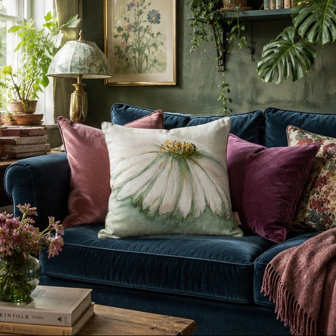 Cozy living room with a blue sofa, floral cushions, and decorative plants.