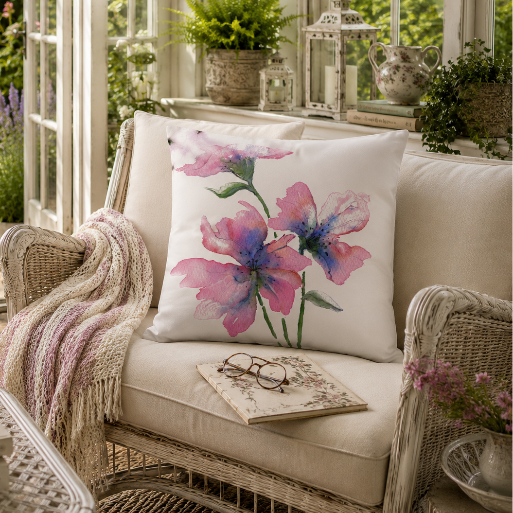 A white throw pillow featuring a watercolor print of pink and purple flowers with green leaves, styled on a cream-colored wicker armchair in a sunlit garden conservatory.