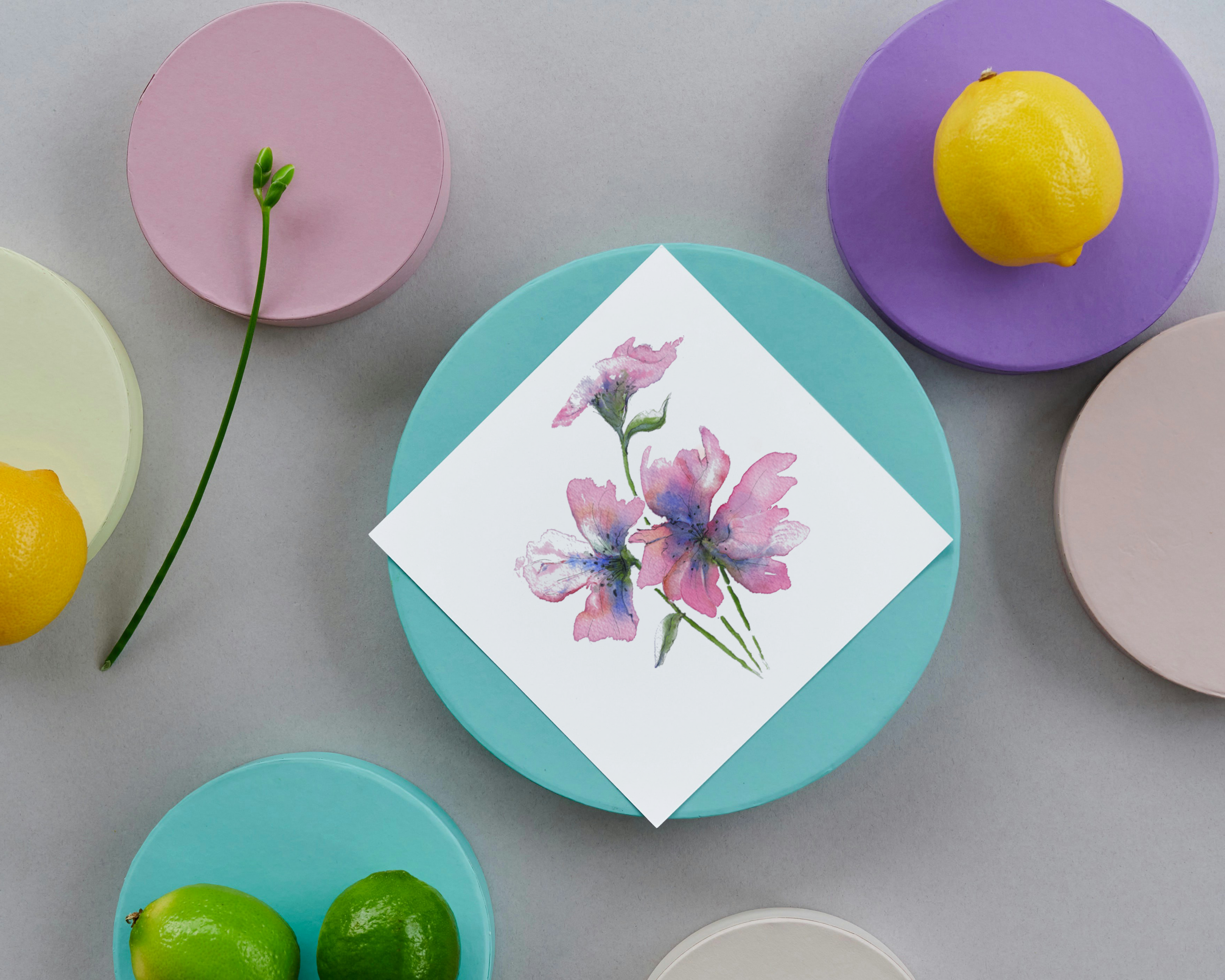 Pretty watercolour flower painting on square card with colourful circles and lemon