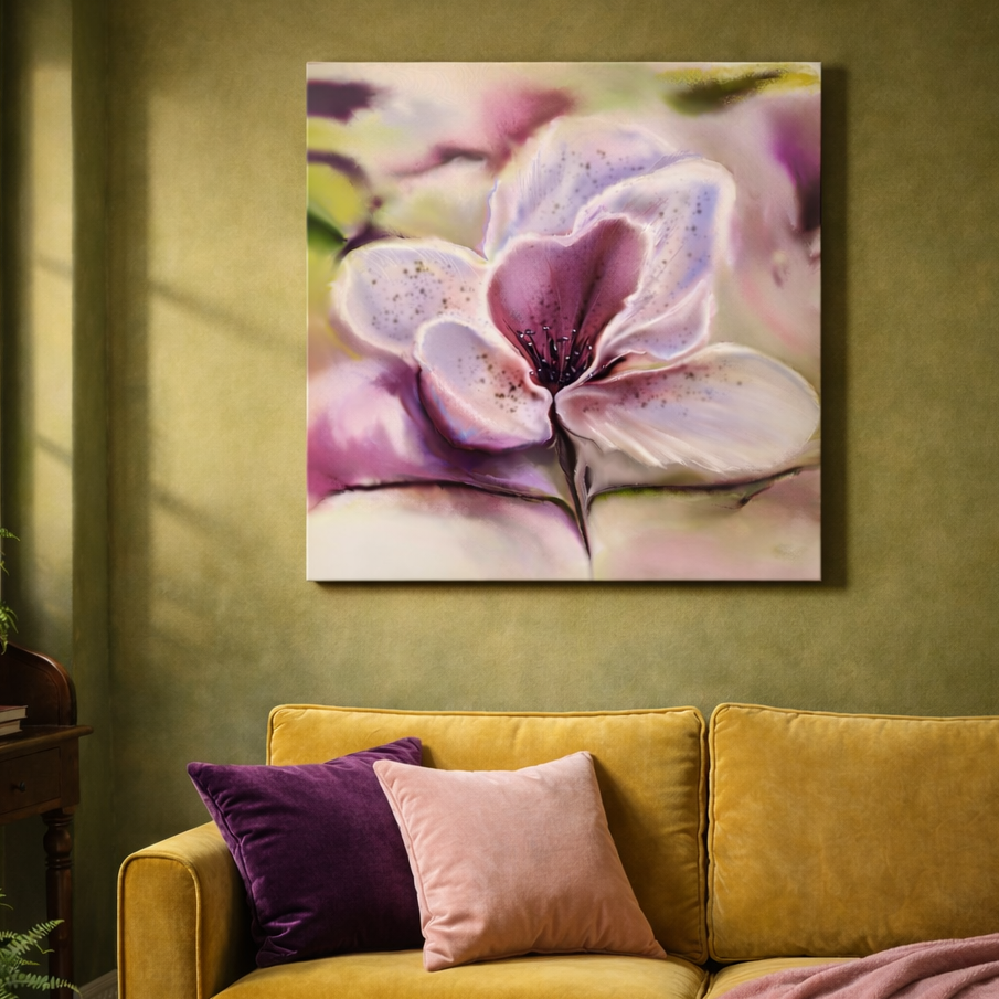 Floral painting on a wall above a yellow couch with purple and pink cushions.