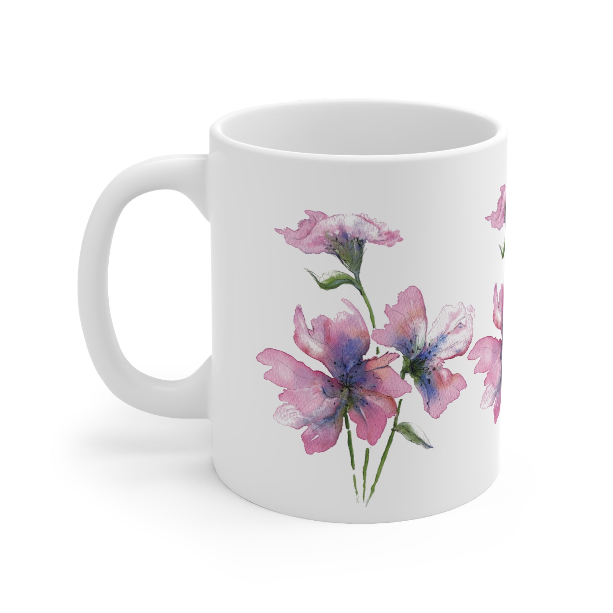 A Gentle Bloom watercolour pink floral ceramic mug 11oz - front view with delicate pink flowers