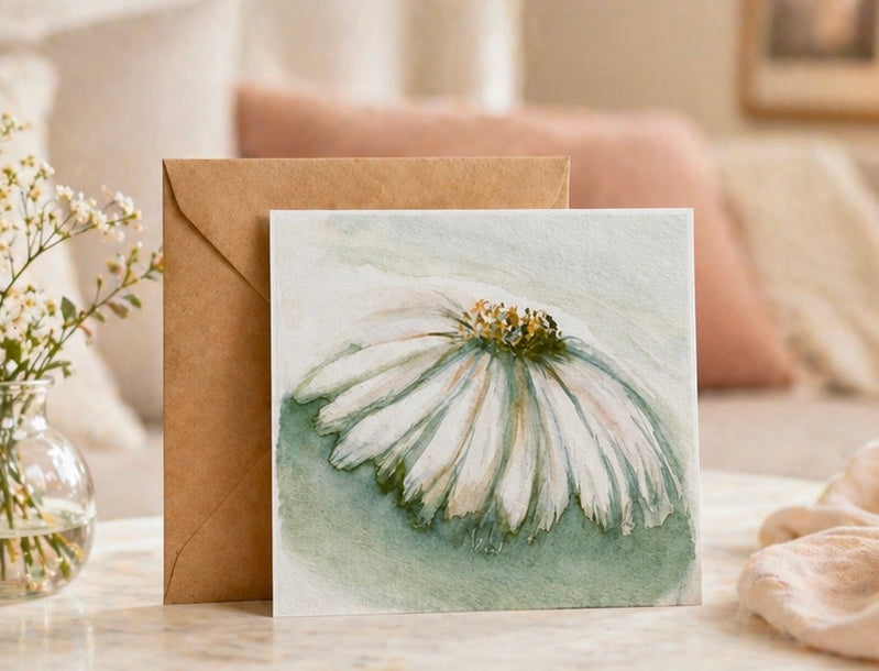 Daisy Greeting card square with floral design on a table with a vase of flowers and envelope.