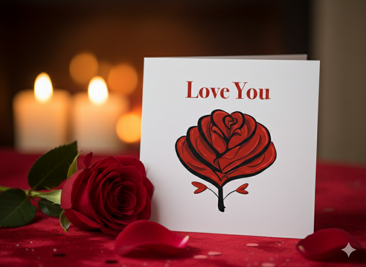 Card with red rose design and 'Love You' text on a romantic setting with candles and roses.