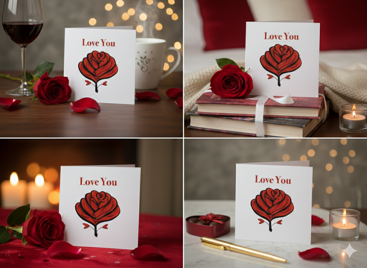 Collage of 'Love You' cards with red roses on a romantic setting with candles and wine.