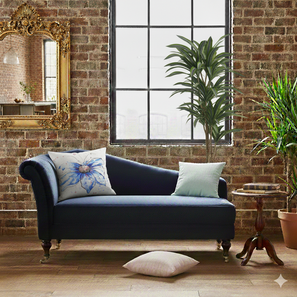 Industrial loft: Blue cosmos floral cushion on navy sofa in industrial loft with exposed brick wall and gold mirror