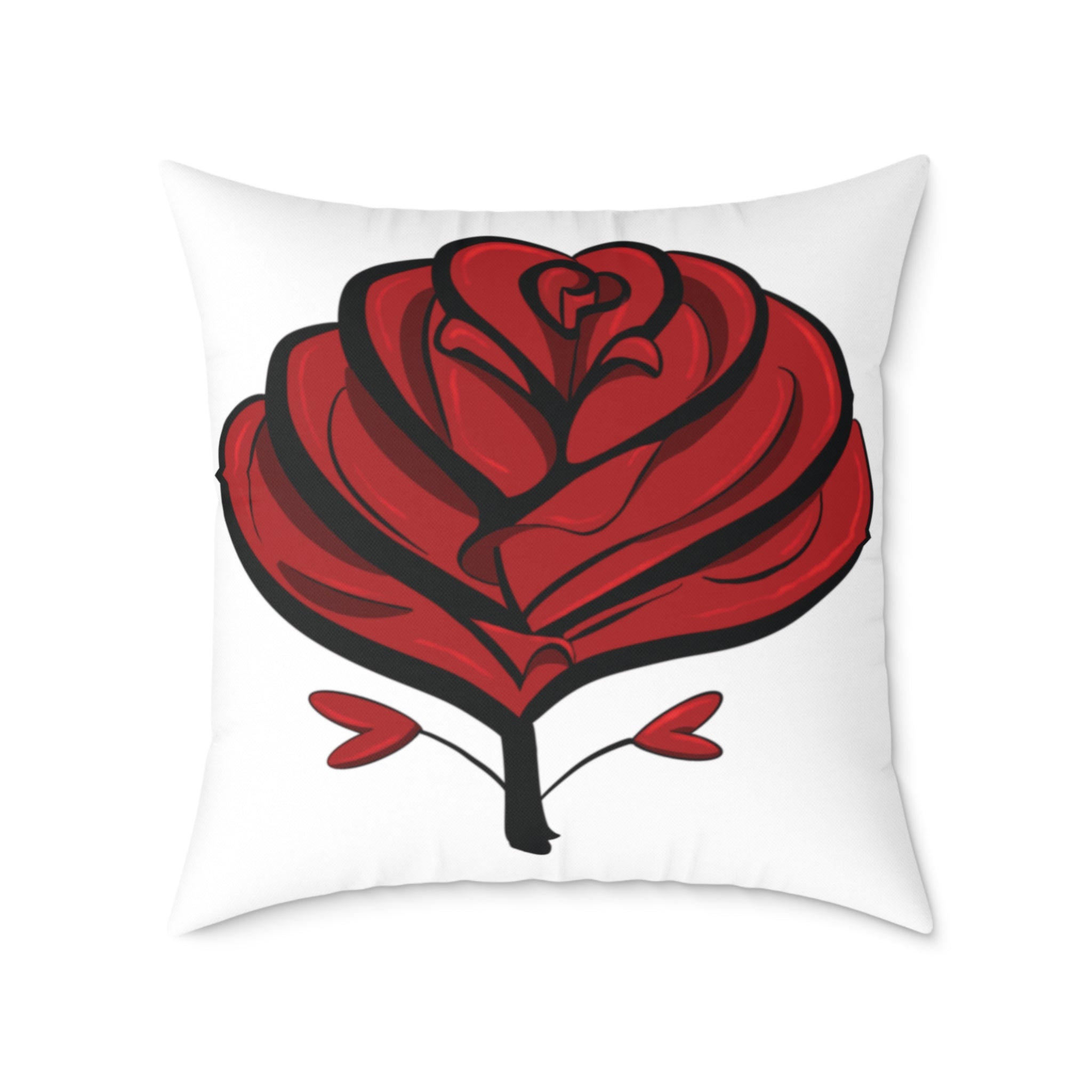 White pillow with a red rose design on a white background