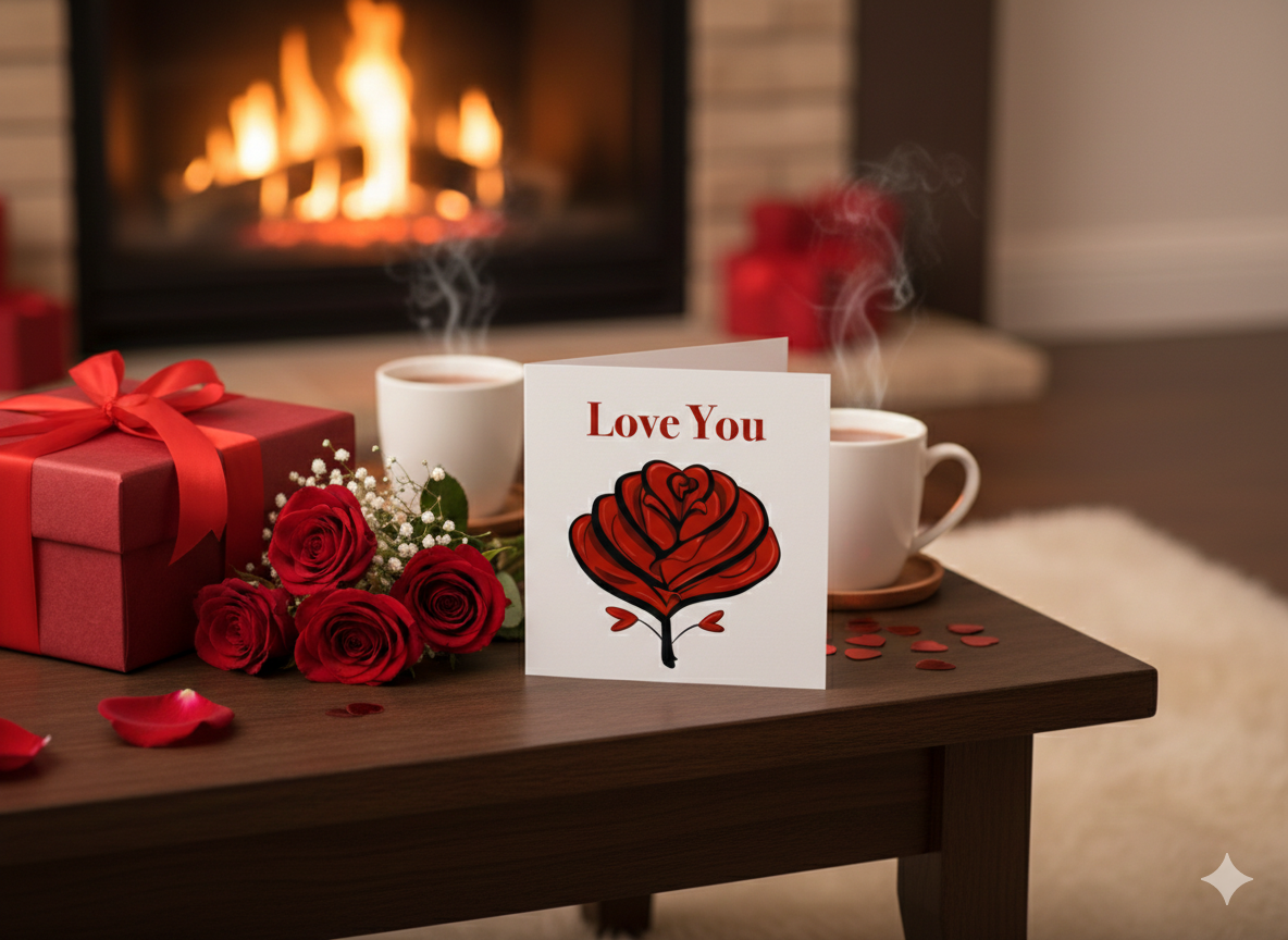 Valentine's Day scene with a card, roses, and coffee in front of a fireplace.