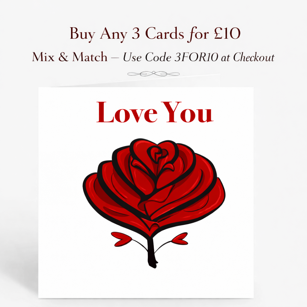 Card with red rose design and 'Love You' text on a white background