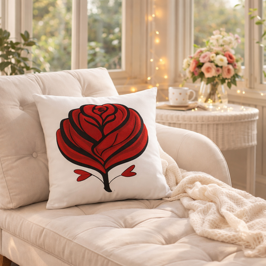 Decorative pillow with a red and black design on a beige couch in a cozy living room.