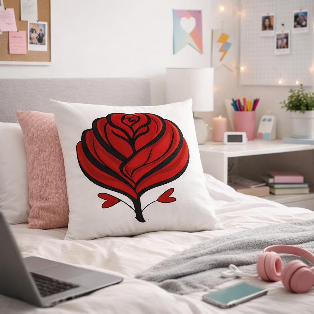 Decorative pillow with a red and black design on a bed in a room with a laptop and headphones.