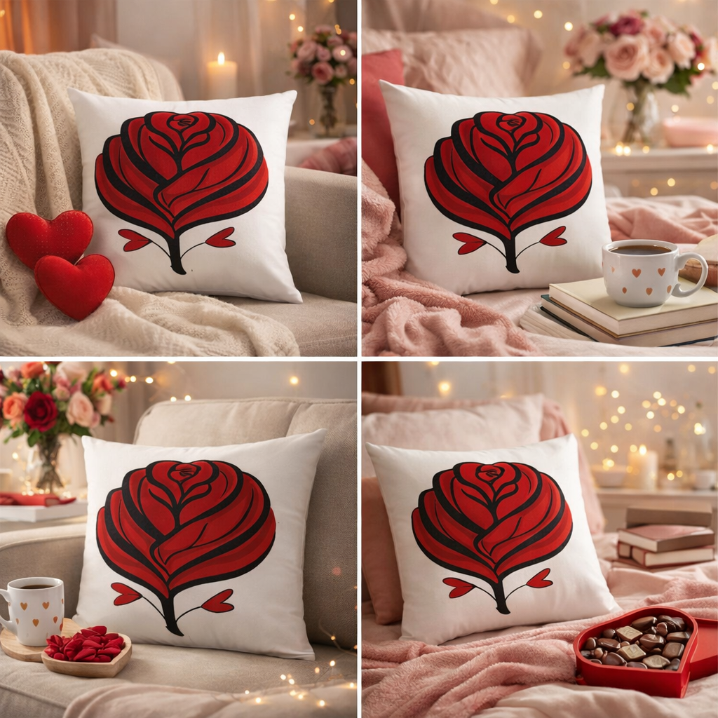 Set of four images featuring a decorative pillow with a red and black heart design on a white background.