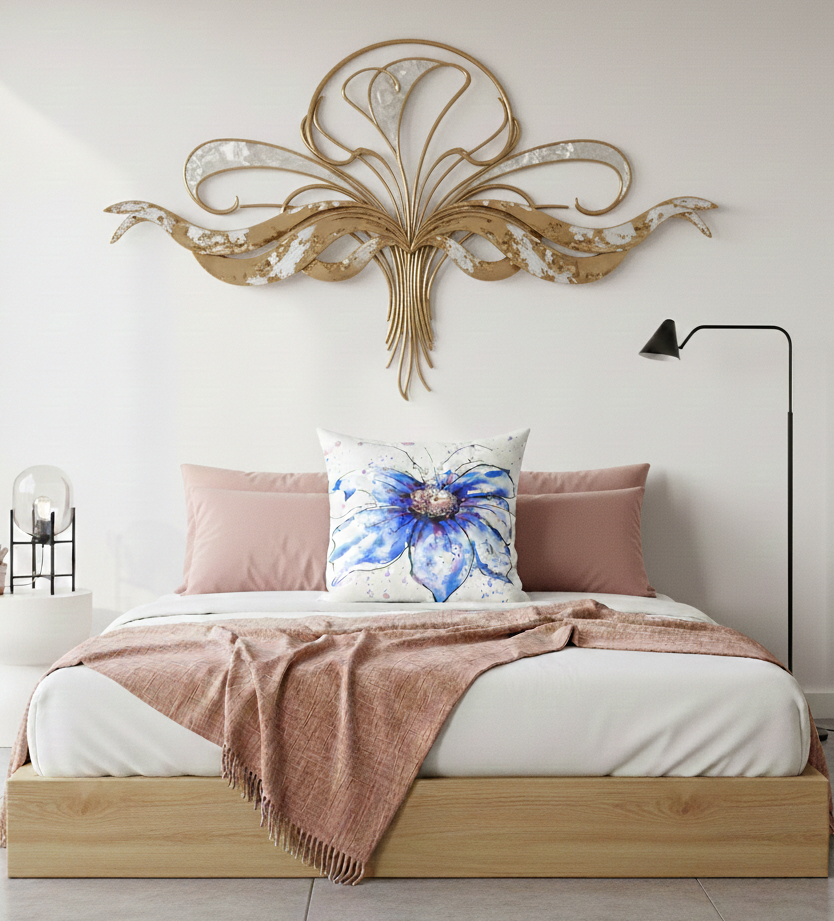 modern decor
Romantic bedroom: Blue cosmos floral throw pillow on romantic bedroom with pink bedding and gold wall art