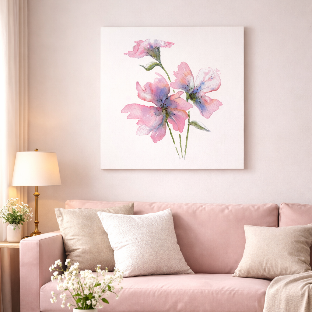 A Gentle Bloom pink floral canvas wall art displayed above a blush sofa in a bright living room