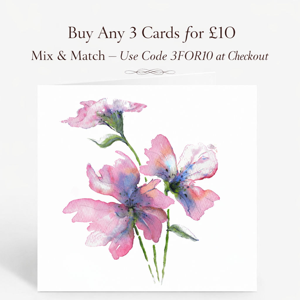 Floral card design with promotional text on a white background