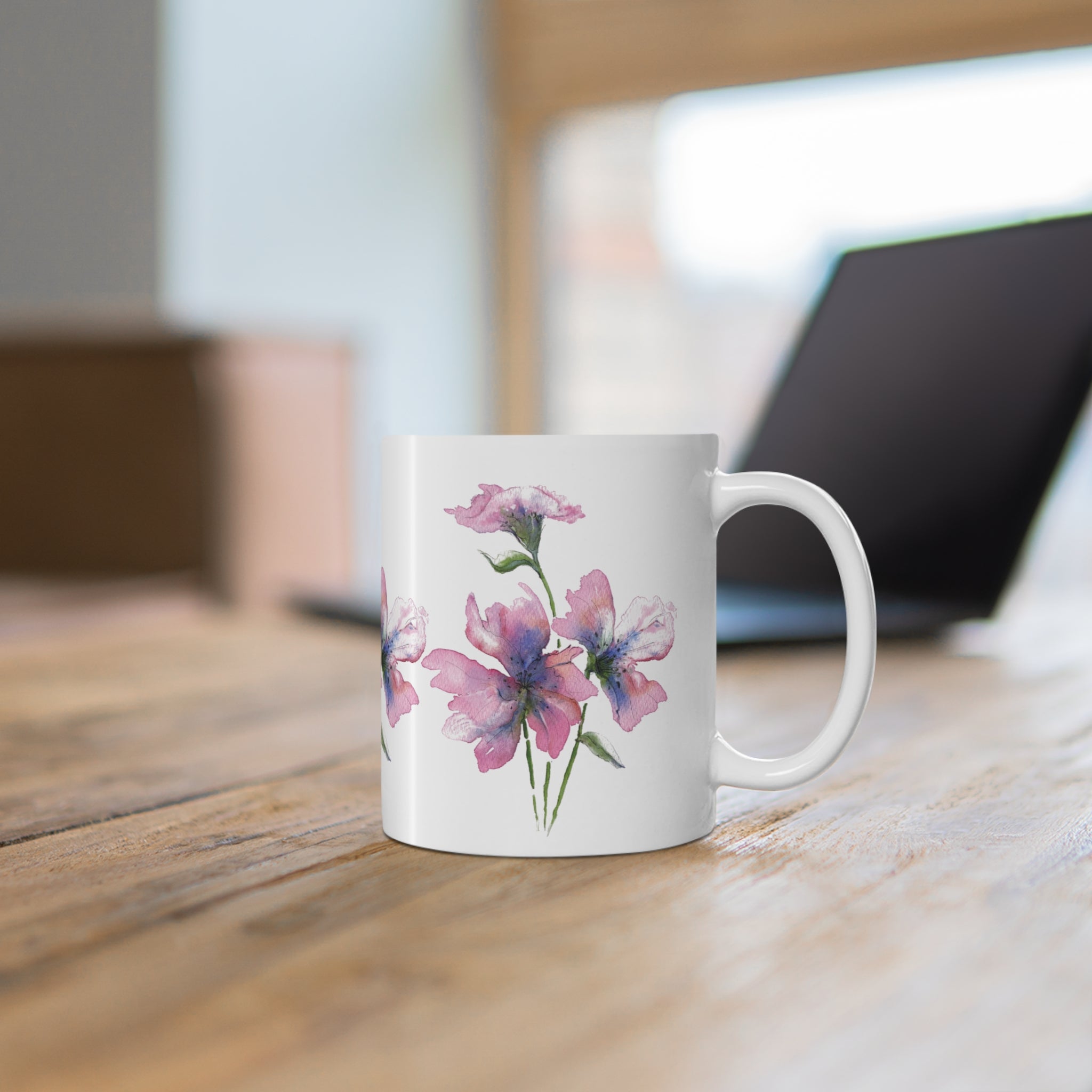 A Gentle Bloom pink watercolour mug - alternate angle of floral design
