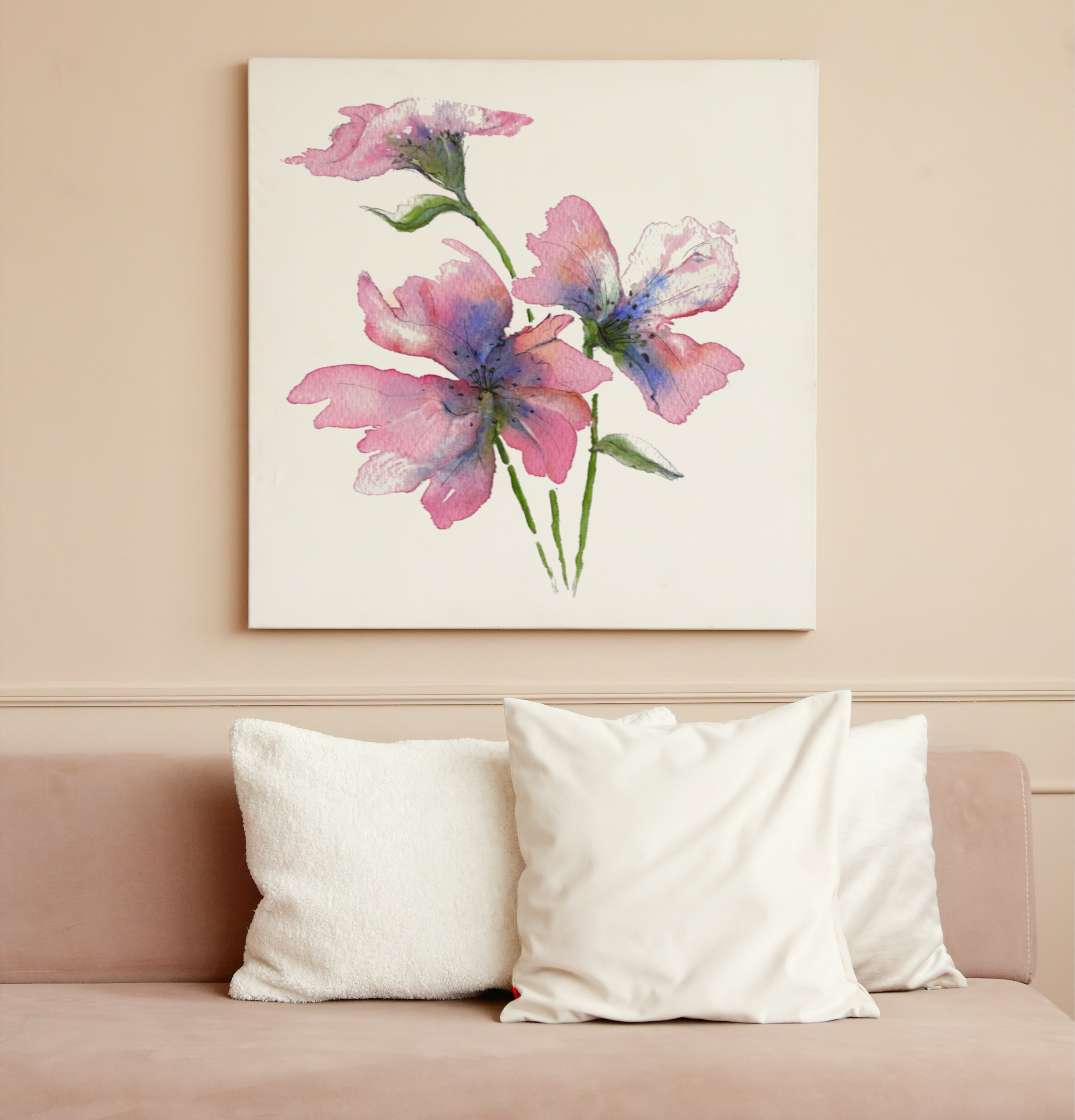 A gentle bloom floral painting on a wall above a couch with white pillows