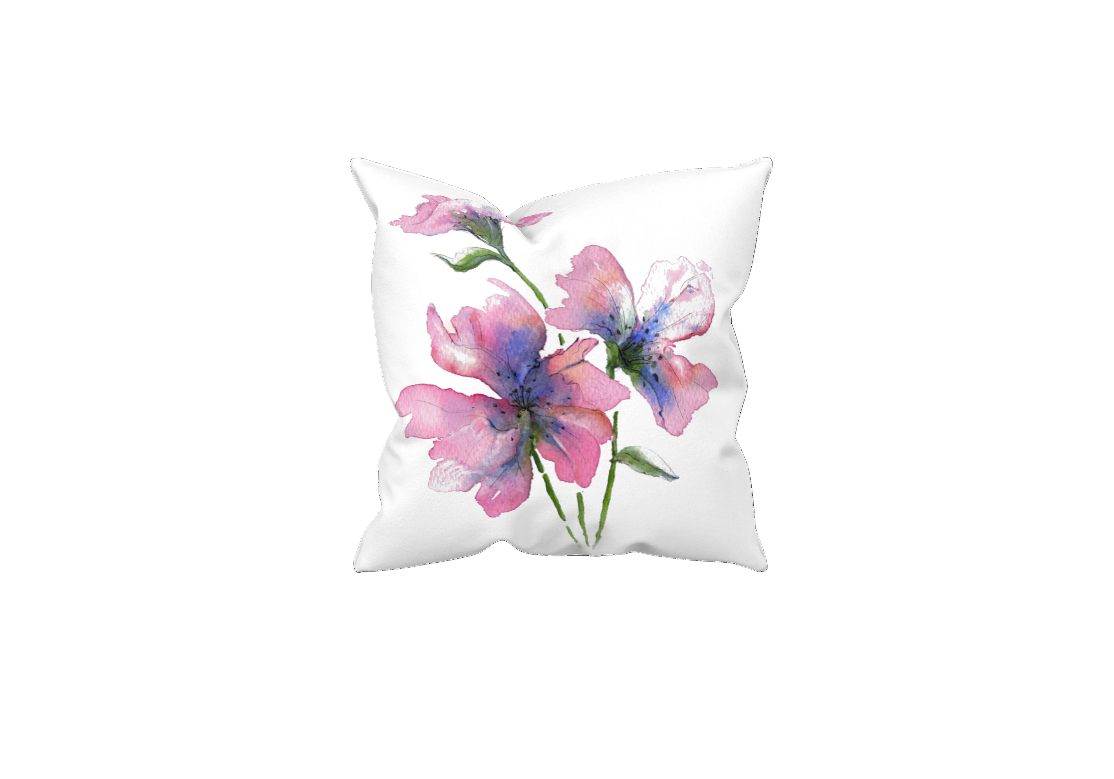 Pink flower watercolour design on a white pillow with white background 