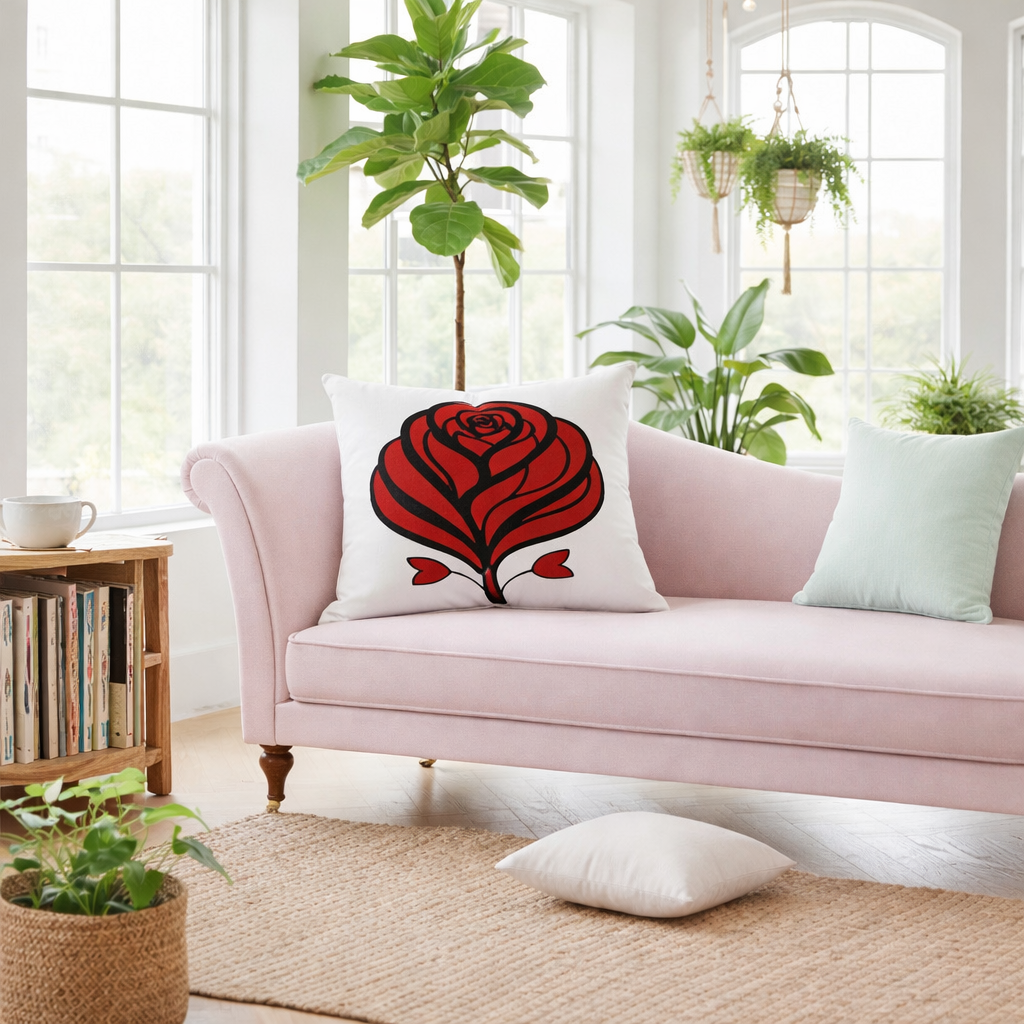 Pink sofa with decorative pillows in a bright living room with plants