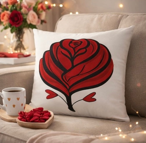 Decorative pillow with a red and black rose design on a couch with a cup of coffee and flowers in the background.