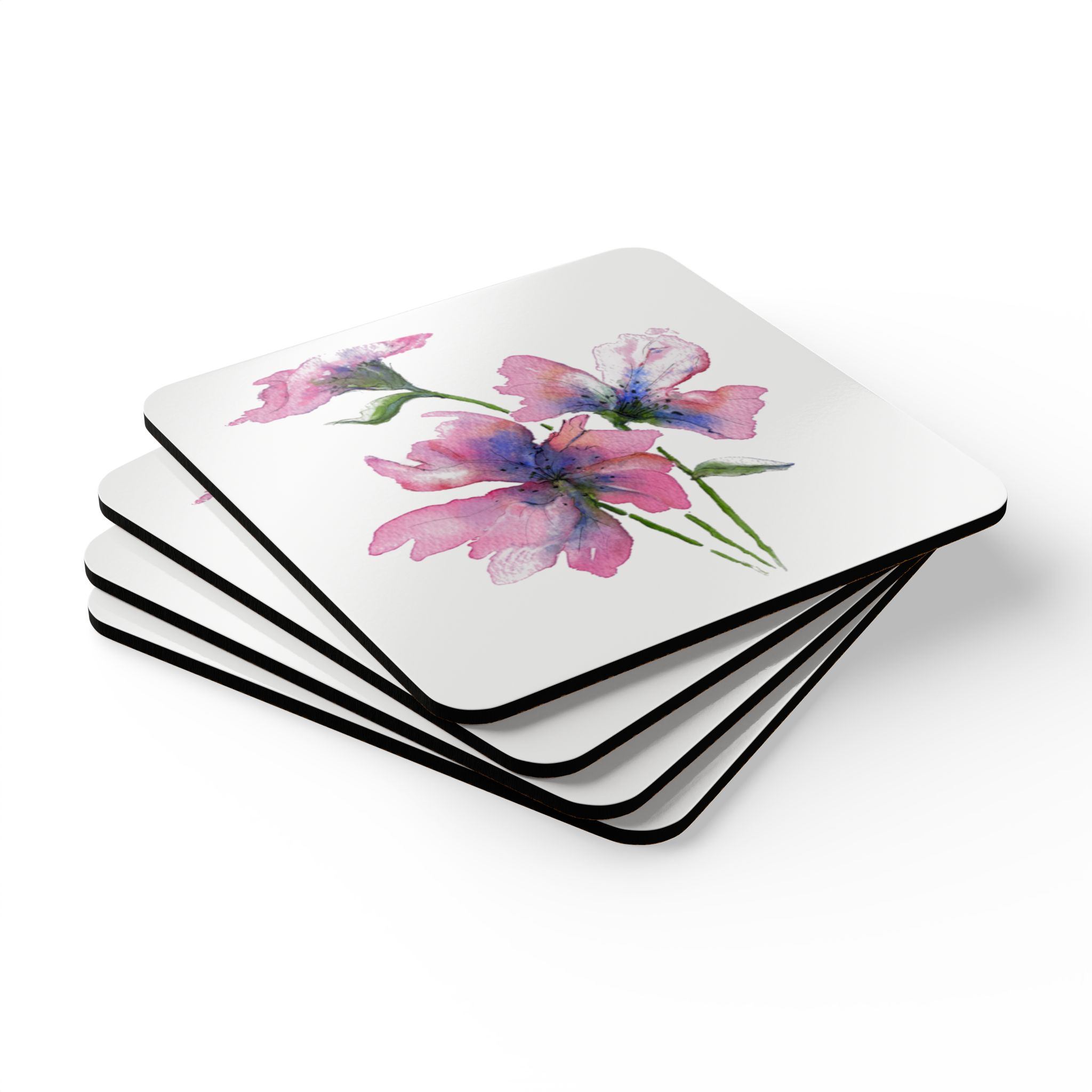 Set of four floral coasters with pink and blue flowers on a white background