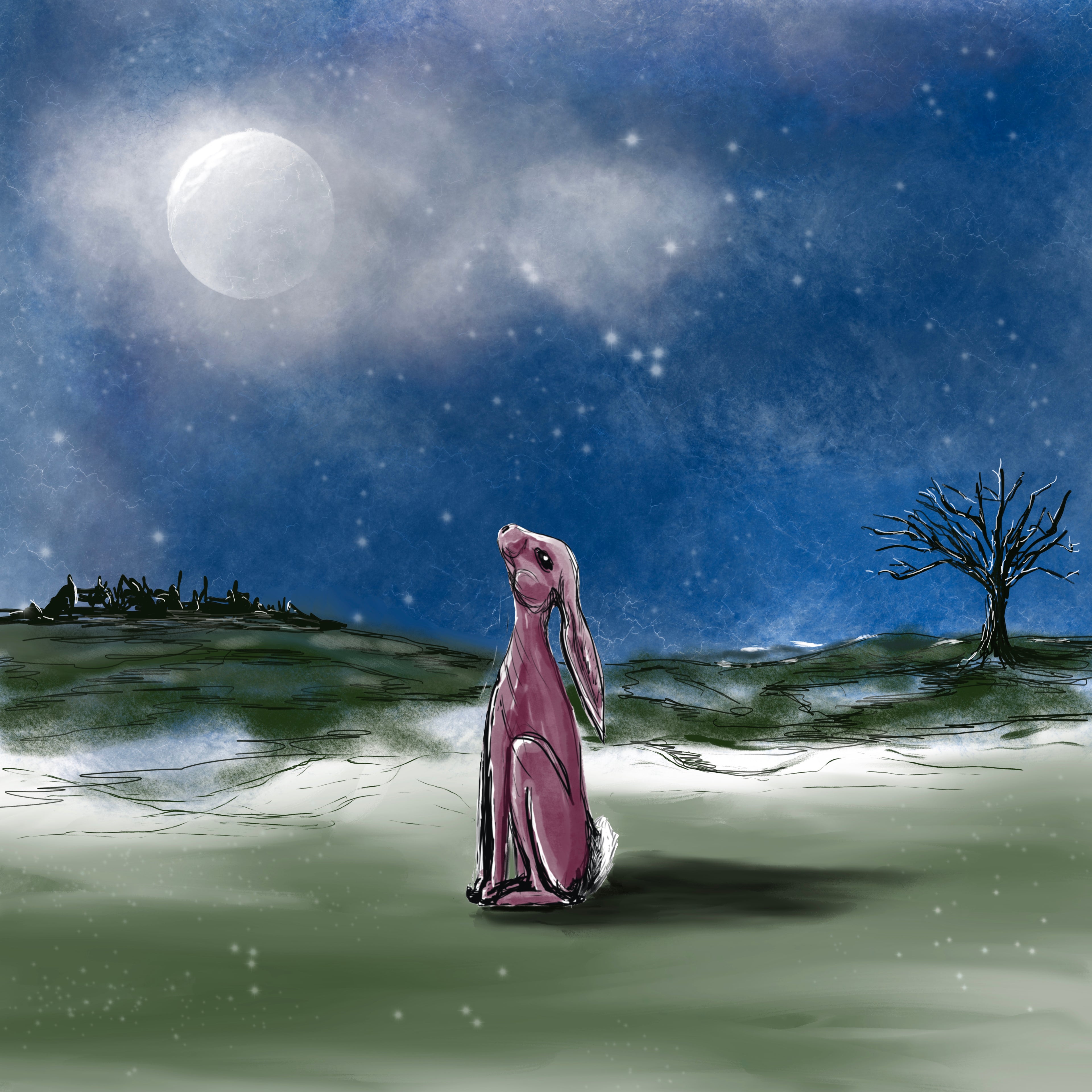 Stargazer Hare greeting card under moonlit night with winter tree and village silhouettes, on premium 400gsm cardstock with envelope