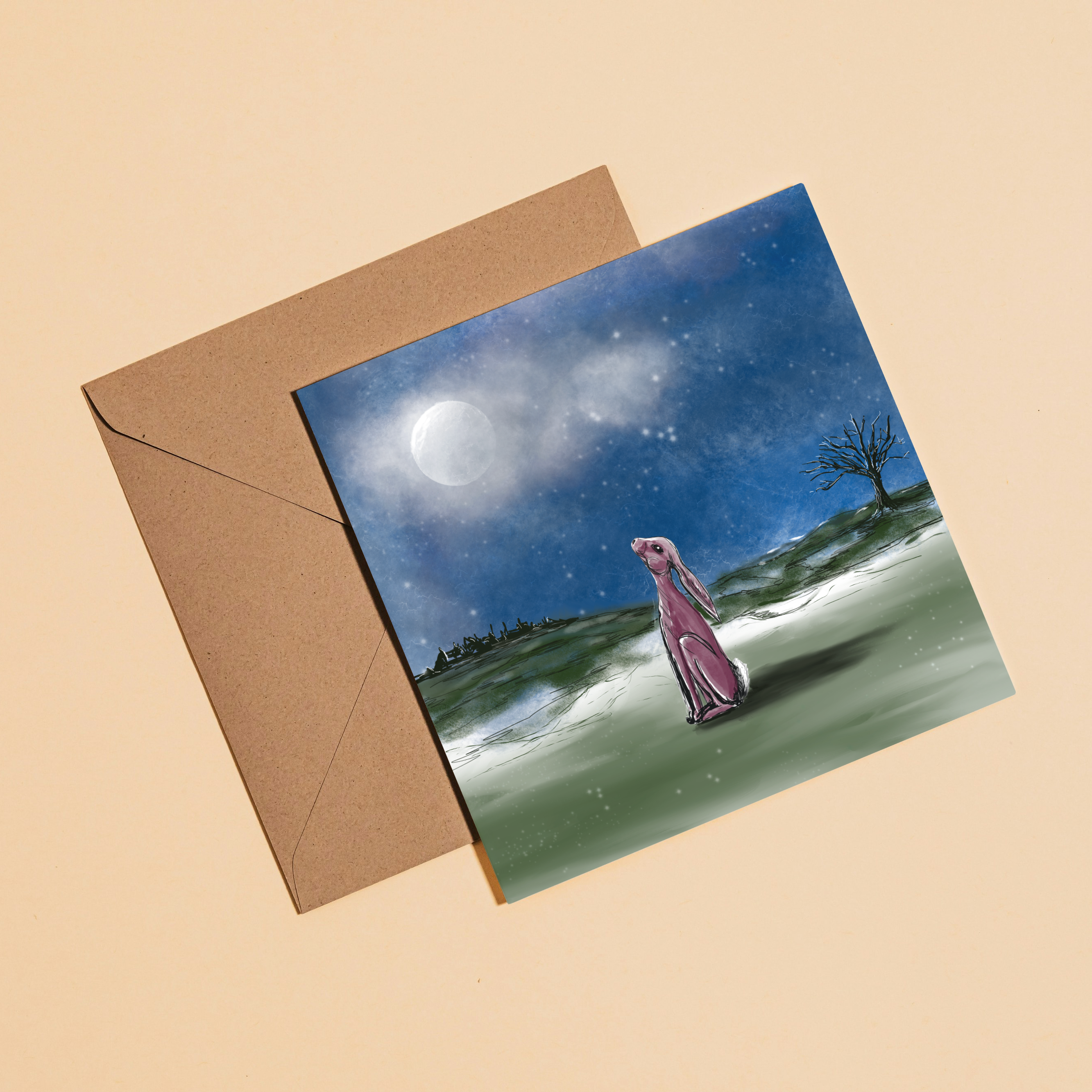 Stargazer Hare greeting card with envelope on a fawn background 