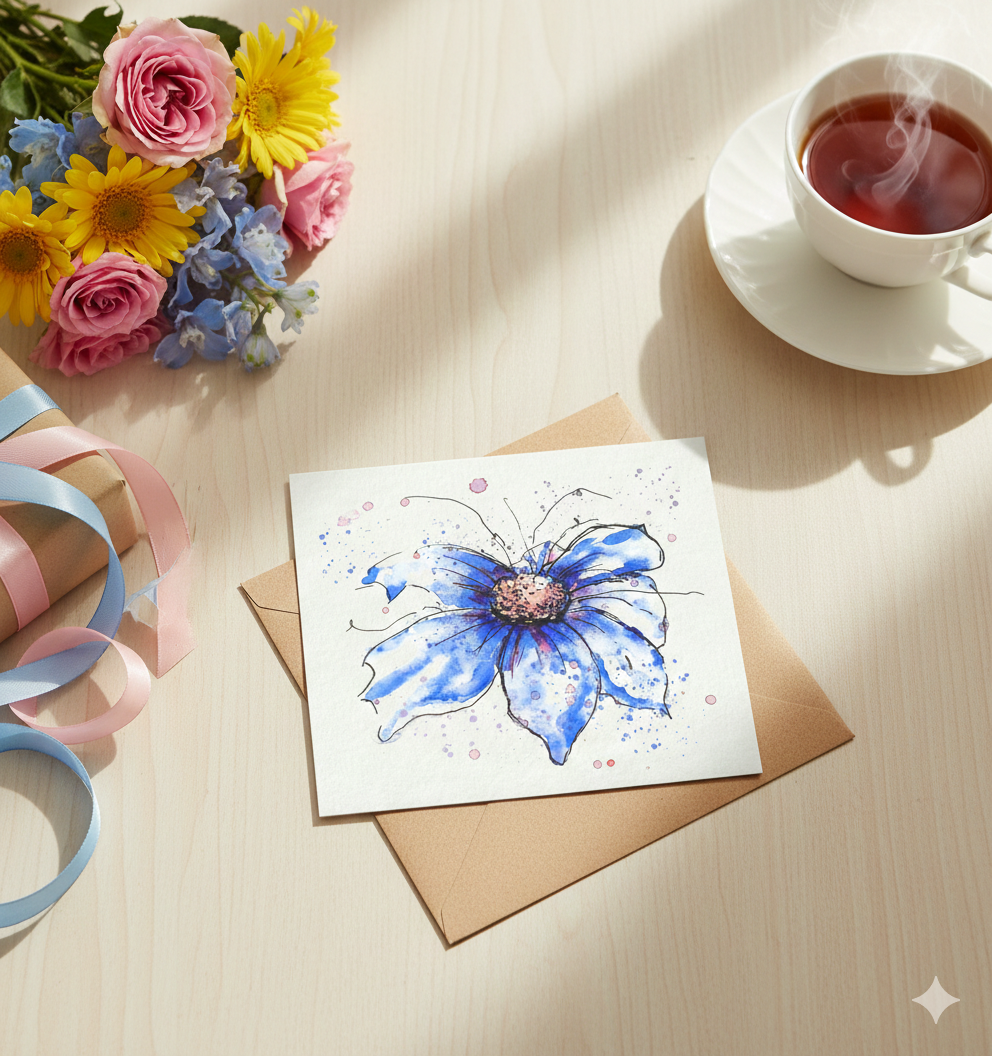 Tea and ribbons flatlay: Blue cosmos watercolour card with kraft envelope, tea cup, fresh flowers and gift ribbons