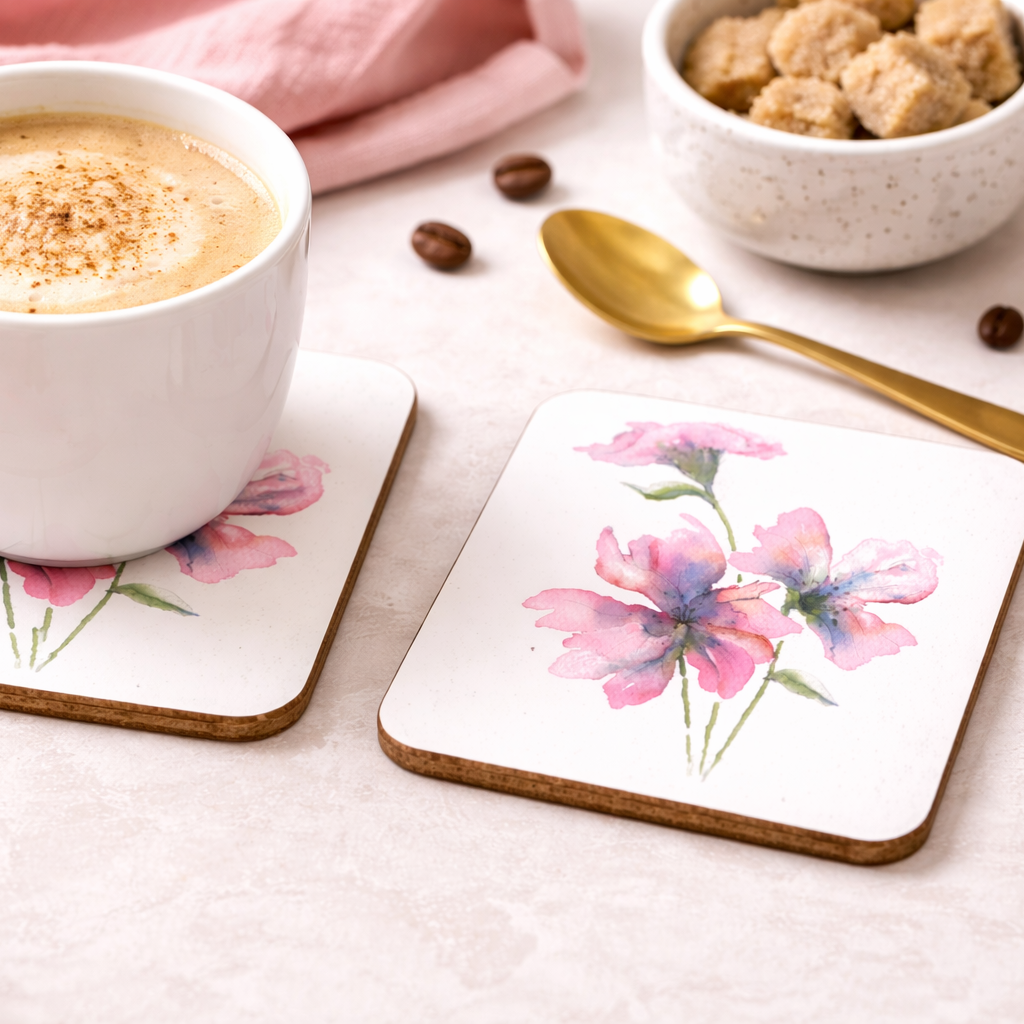 White mug with a beverage on floral coasters, surrounded by coffee beans and a pink cloth.