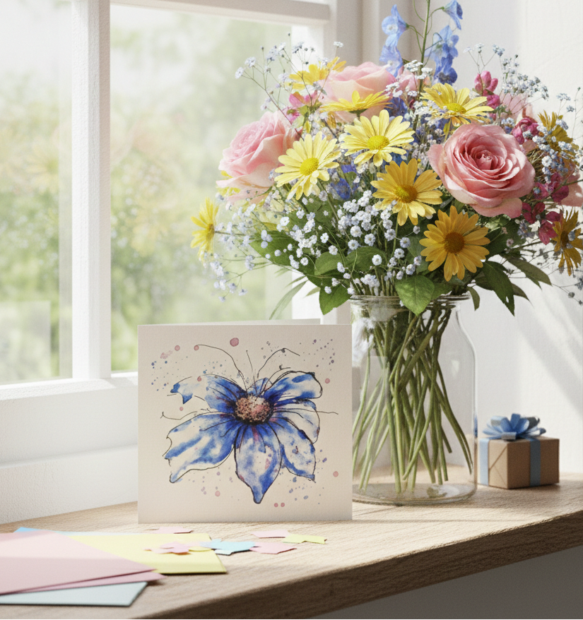 Bouquet of flowers in a vase on a windowsill with a card featuring a blue flower design.