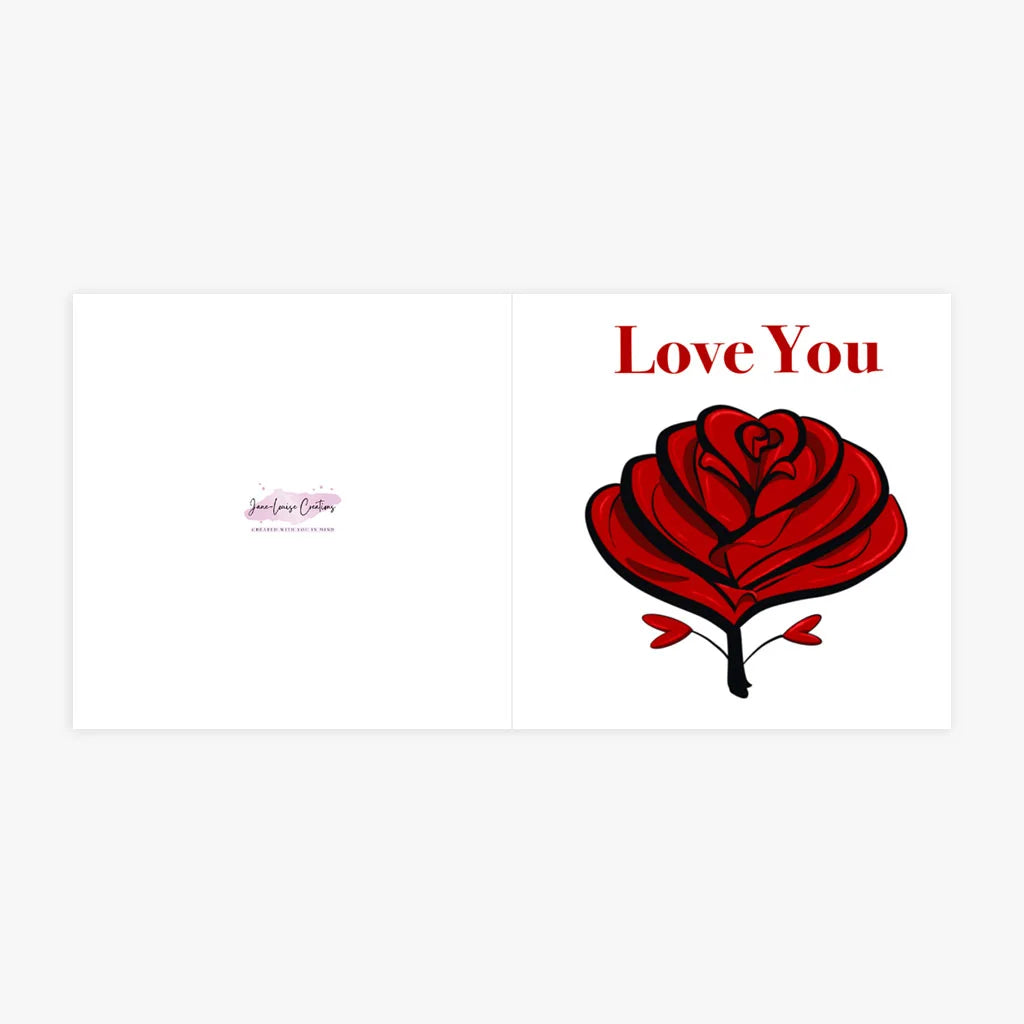 Square romantic love card with red rose heart design